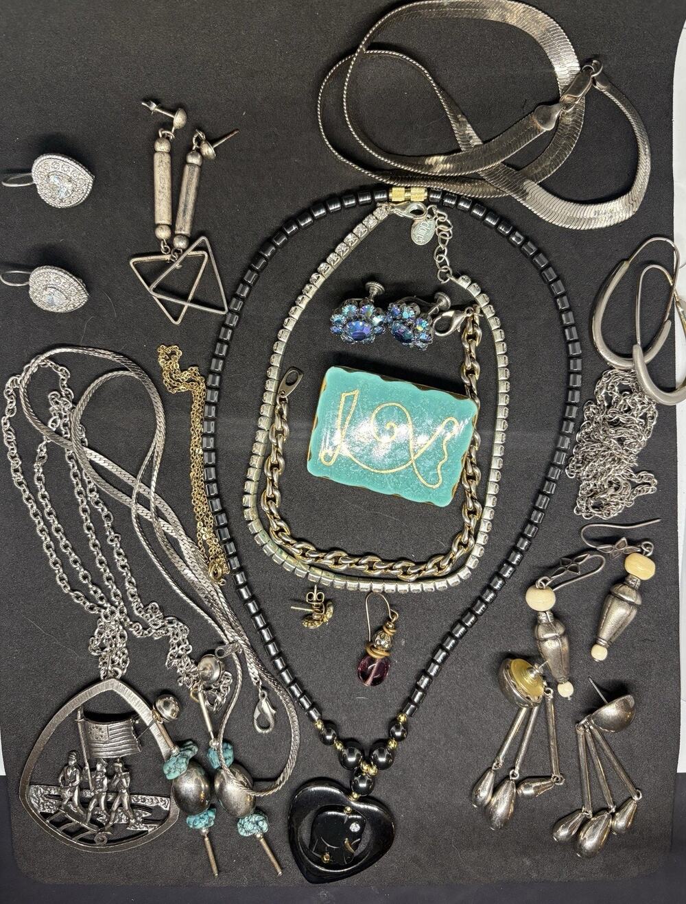 Vintage Costume Silver Tone Faux Turquoise Brooch Necklace Dangle Jewelry Lot
